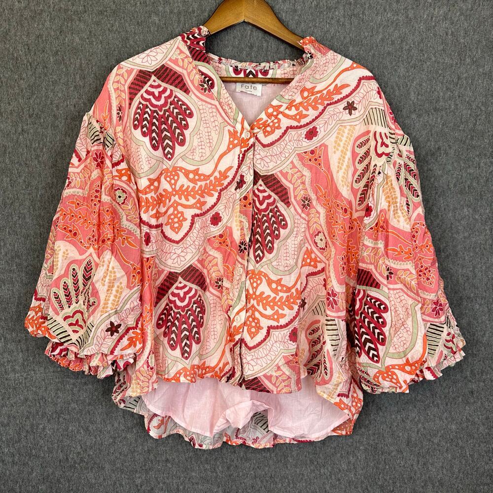 Fate Pink Floral Puff Balloon Sleeve Top Sz L Office Teacher Spring Bright